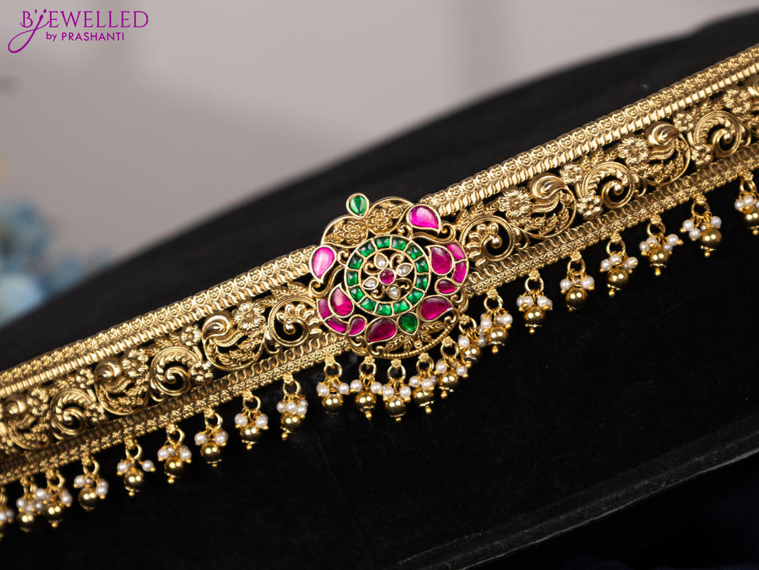 Antique hip belt with kemp jadau kundan stones and pearl & golden beads hangings
