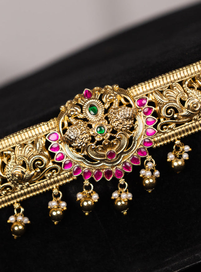 Antique hip belt peacock design with kemp jadau stones and pearl & golden beads hangings