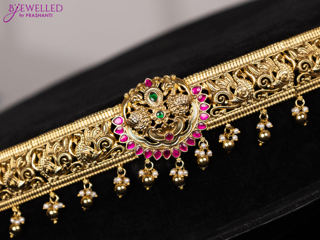 Antique hip belt peacock design with kemp jadau stones and pearl & golden beads hangings
