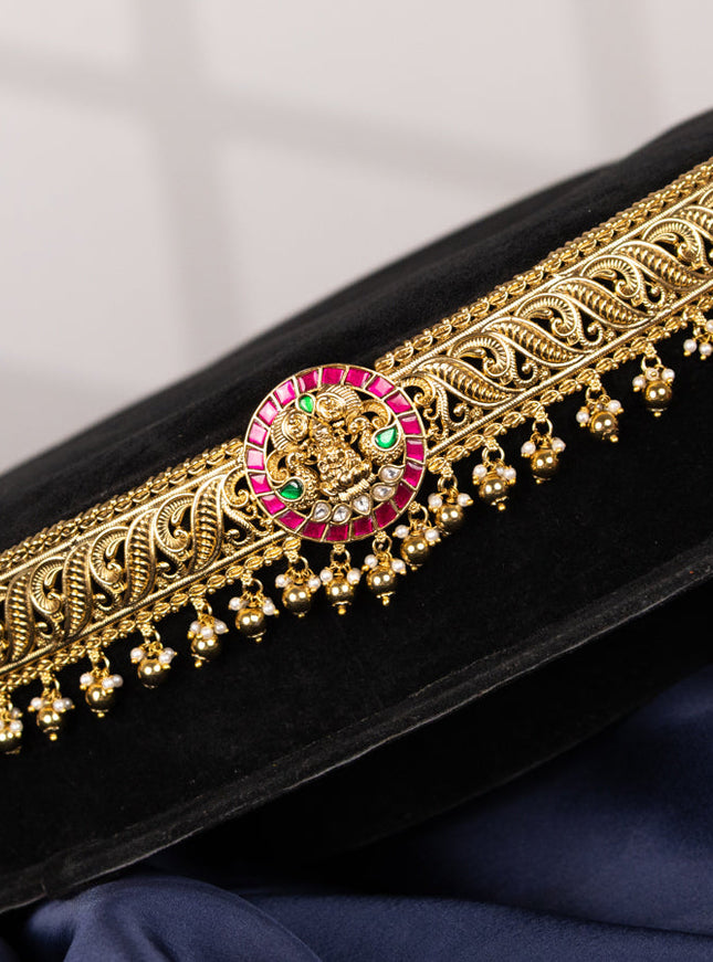 Antique hip belt lakshmi design with kemp jadau kundan stones and pearl & golden beads hangings