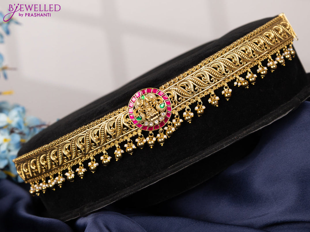 Antique hip belt lakshmi design with kemp jadau kundan stones and pearl & golden beads hangings