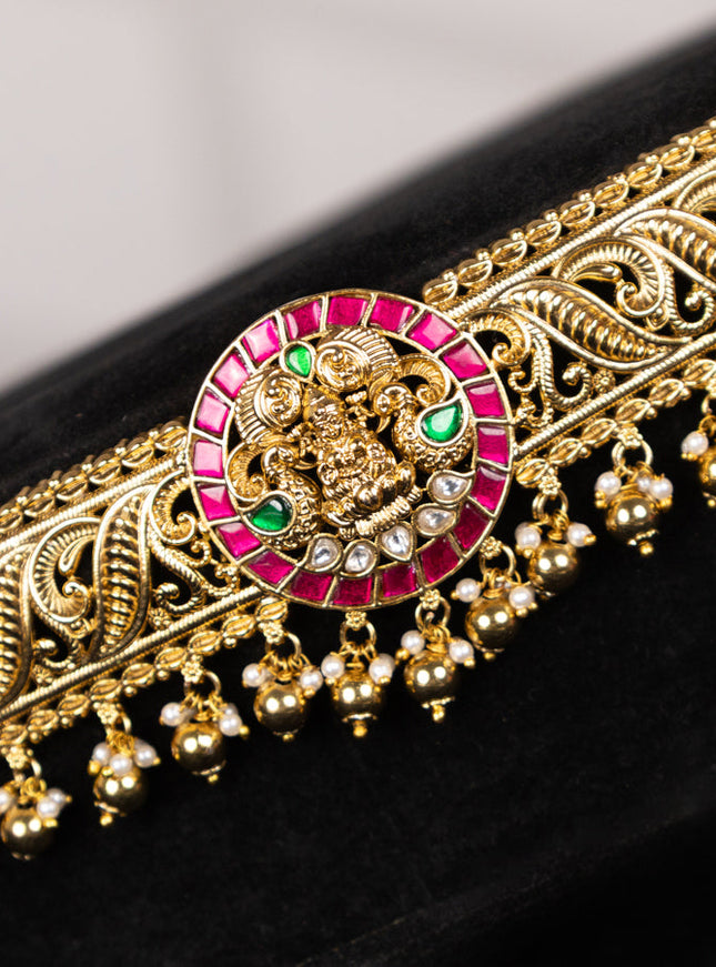 Antique hip belt lakshmi design with kemp jadau kundan stones and pearl & golden beads hangings