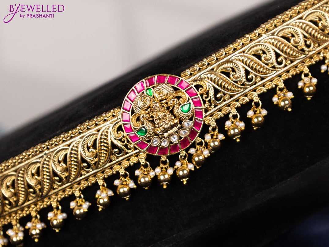 Antique hip belt lakshmi design with kemp jadau kundan stones and pearl & golden beads hangings