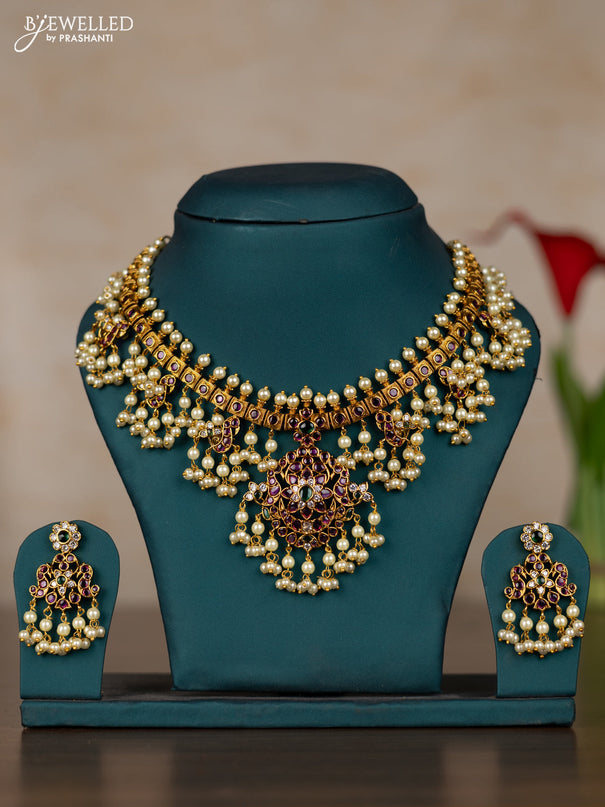 Antique guttapusalu necklace with kemp & cz stones and pearl hangings
