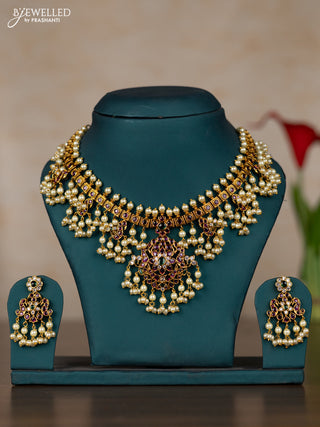 Antique guttapusalu necklace with kemp & cz stones and pearl hangings
