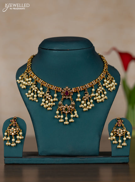 Antique guttapusalu necklace with kemp & cz stones and pearl hangings