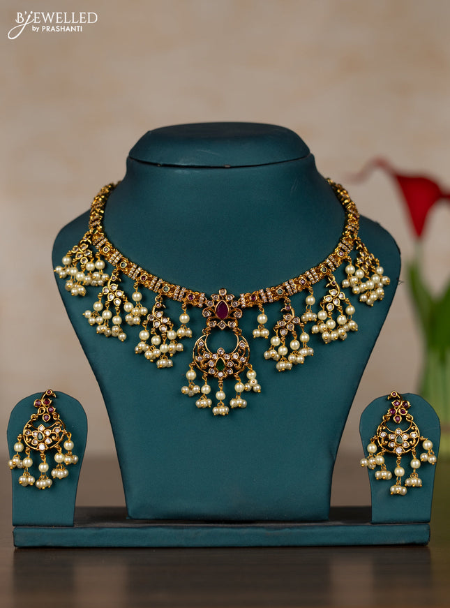 Antique guttapusalu necklace with kemp & cz stones and pearl hangings