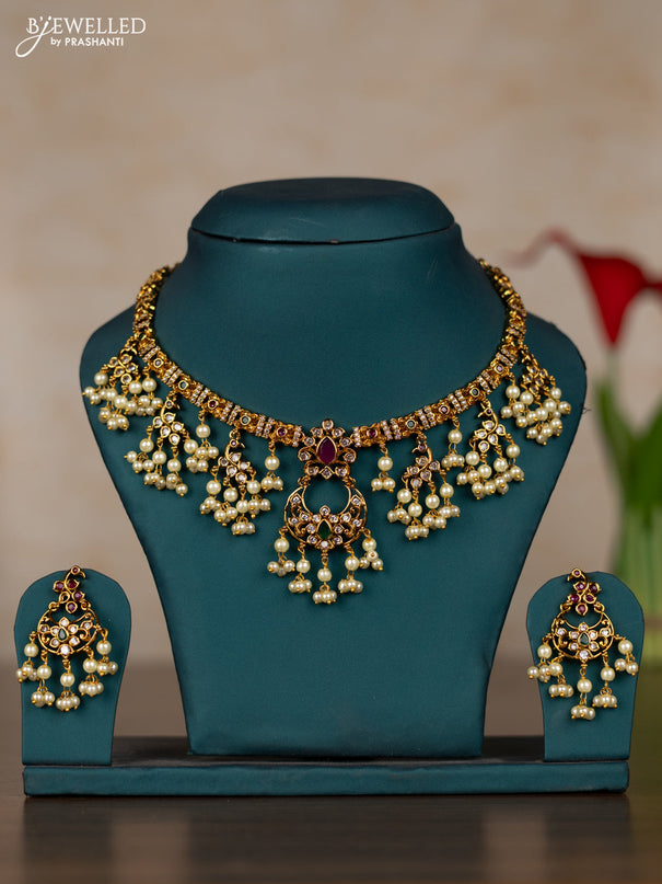 Antique guttapusalu necklace with kemp & cz stones and pearl hangings
