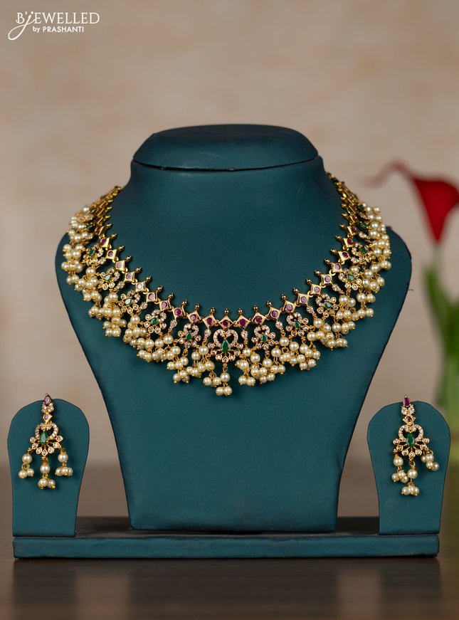 Antique guttapusalu necklace with kemp & cz stones and pearl hangings