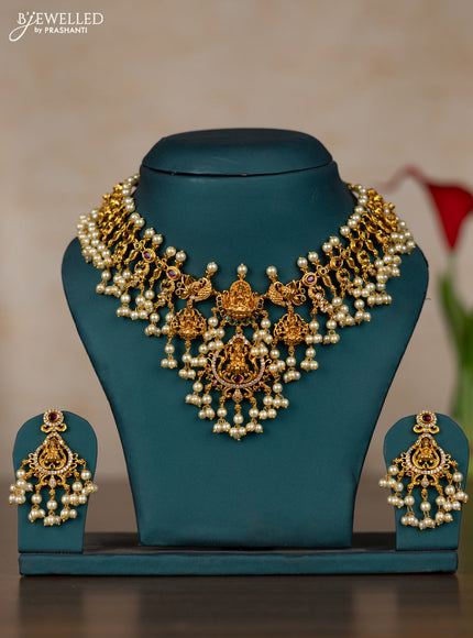 Antique guttapusalu necklace lakshmi design with kemp & cz stones and pearl hangings