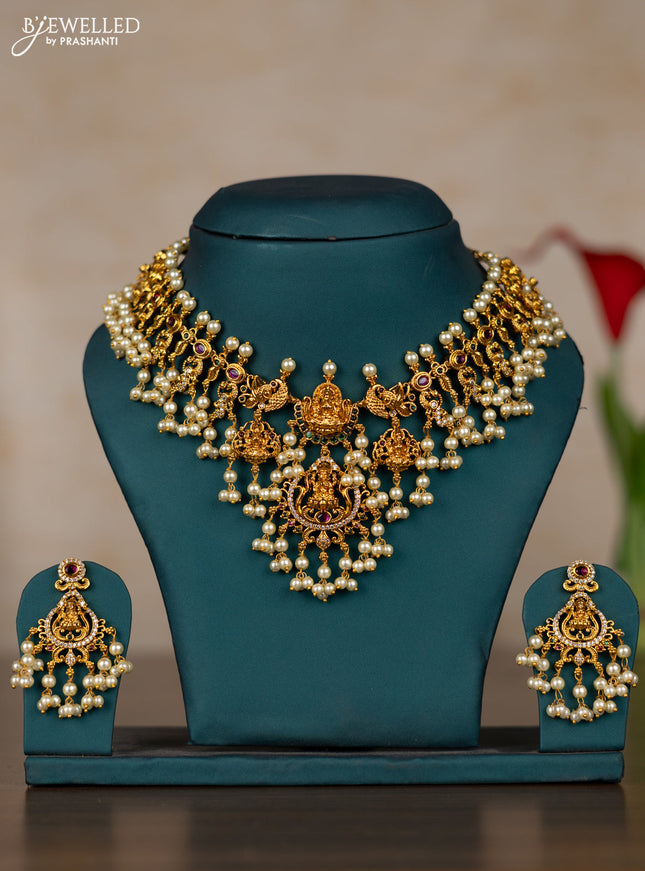 Antique guttapusalu necklace lakshmi design with kemp & cz stones and pearl hangings