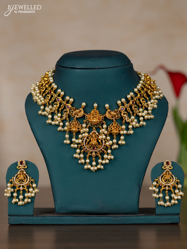 Antique guttapusalu necklace lakshmi design with kemp & cz stones and pearl hangings