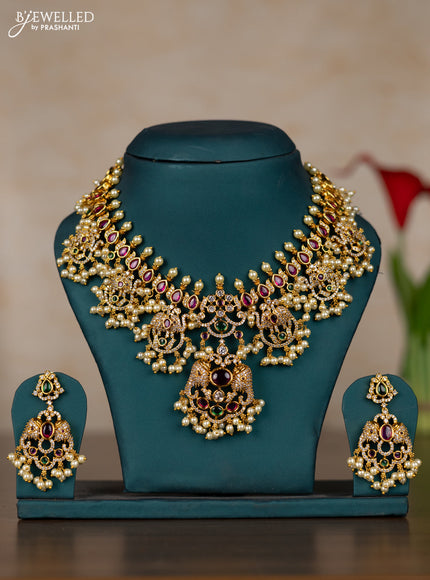 Antique guttapusalu necklace elephant design with kemp & cz stones and pearl hangings