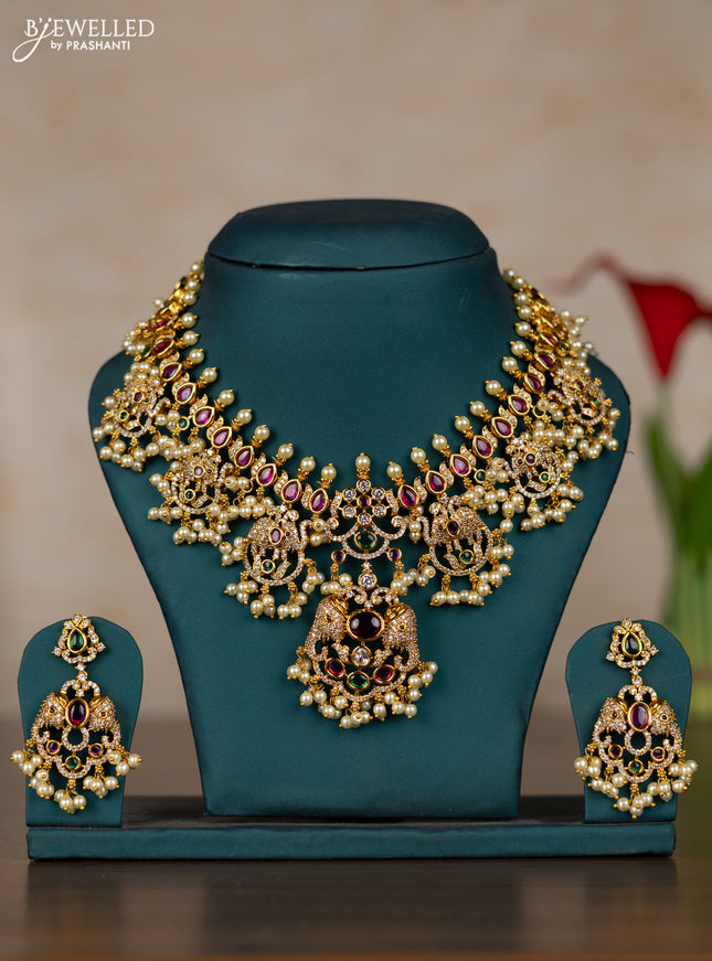 Antique guttapusalu necklace elephant design with kemp & cz stones and pearl hangings