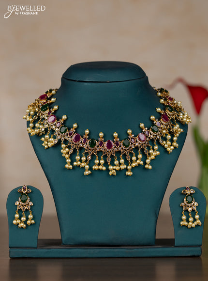 Antique guttapusalu necklace with kemp & cz stones and pearl hangings