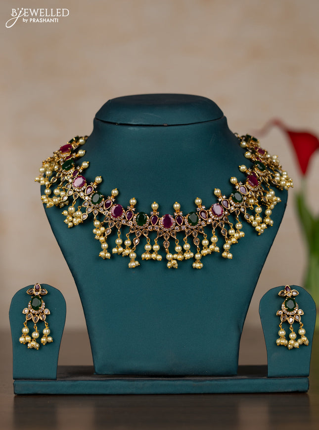 Antique guttapusalu necklace with kemp & cz stones and pearl hangings