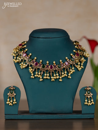 Antique guttapusalu necklace with kemp & cz stones and pearl hangings