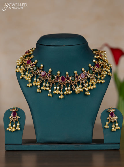 Antique guttapusalu necklace with kemp & cz stones and pearl hangings