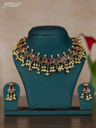 Antique guttapusalu necklace with kemp & cz stones and pearl hangings