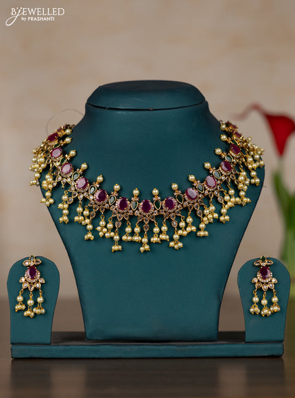 Antique guttapusalu necklace with kemp & cz stones and pearl hangings
