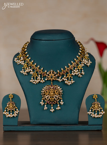Antique guttapusalu necklace lakshmi design with kemp & cz stones and pearl hangings