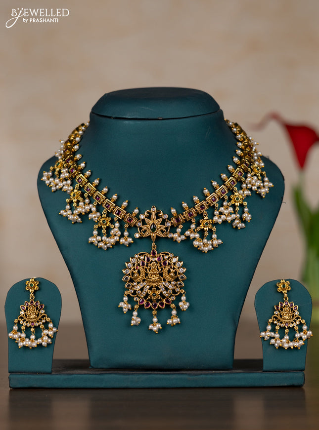 Antique guttapusalu necklace lakshmi design with kemp & cz stones and pearl hangings