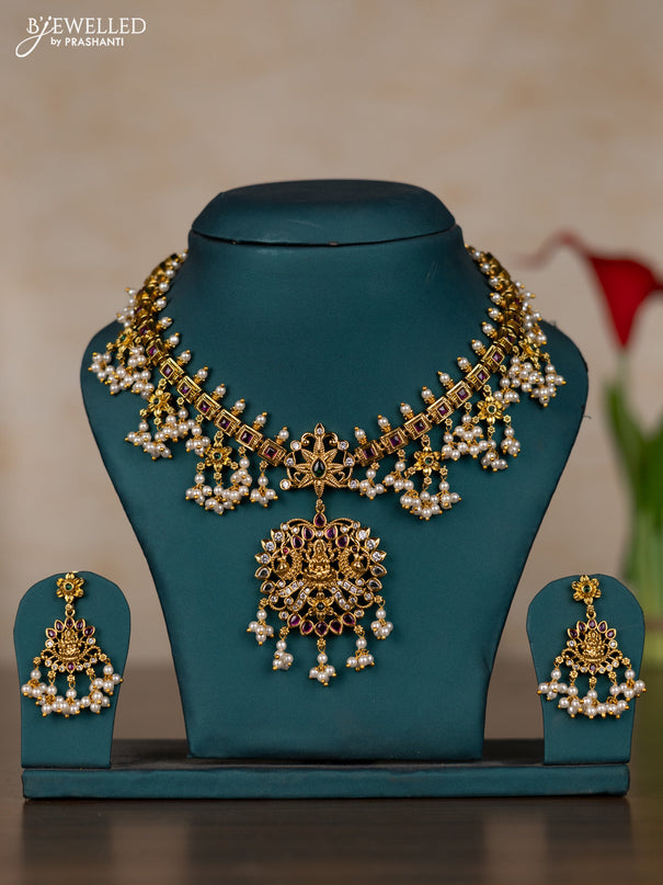 Antique guttapusalu necklace lakshmi design with kemp & cz stones and pearl hangings