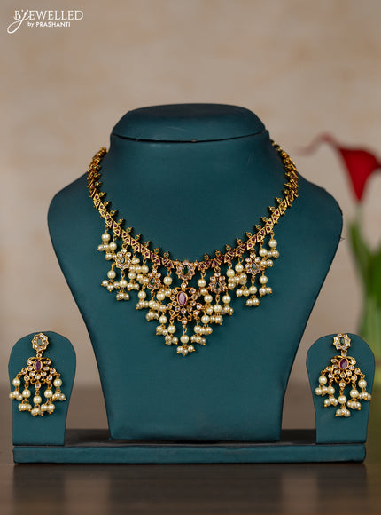 Antique guttapusalu necklace with kemp & cz stones and pearl hangings