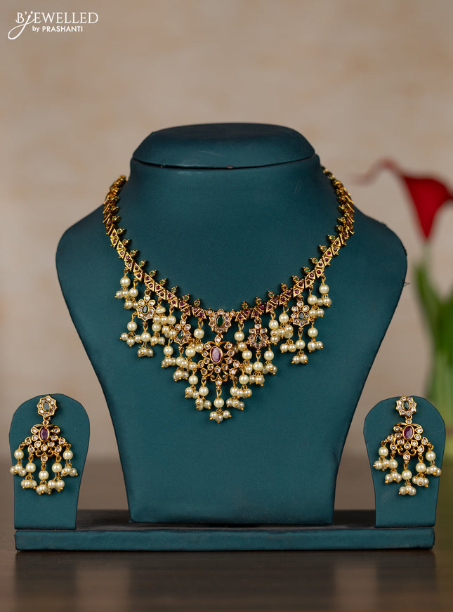 Antique guttapusalu necklace with kemp & cz stones and pearl hangings