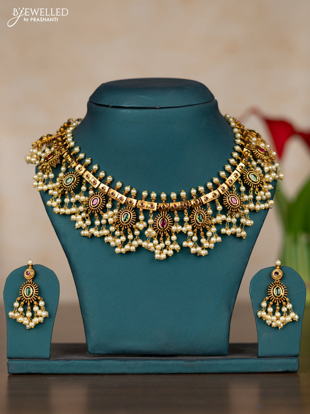 Antique guttapusalu necklace with kemp stones and pearl hangings