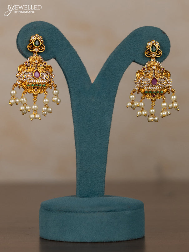 Antique guttapusalu necklace peacock design with kemp & cz stones and pearl hangings