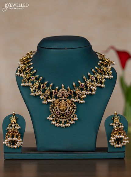 Antique guttapusalu necklace lakshmi design with kemp & kundan stones and pearl hangings