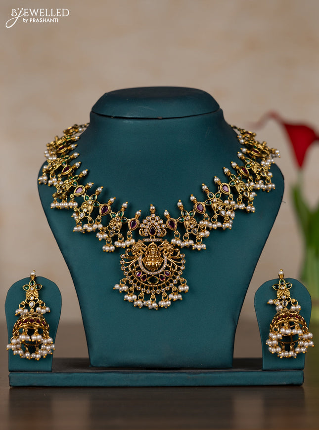 Antique guttapusalu necklace lakshmi design with kemp & kundan stones and pearl hangings