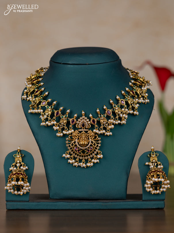 Antique guttapusalu necklace lakshmi design with kemp & kundan stones and pearl hangings