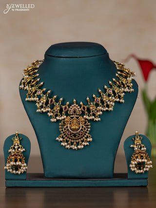 Antique guttapusalu necklace lakshmi design with kemp & kundan stones and pearl hangings