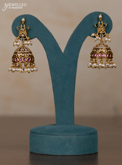 Antique guttapusalu necklace lakshmi design with kemp & kundan stones and pearl hangings