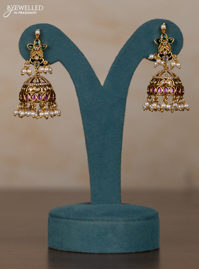 Antique guttapusalu necklace lakshmi design with kemp & kundan stones and pearl hangings