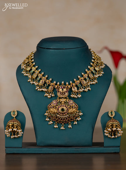 Antique guttapusalu necklace manga pattern with kemp & cz stones and pearl hangings