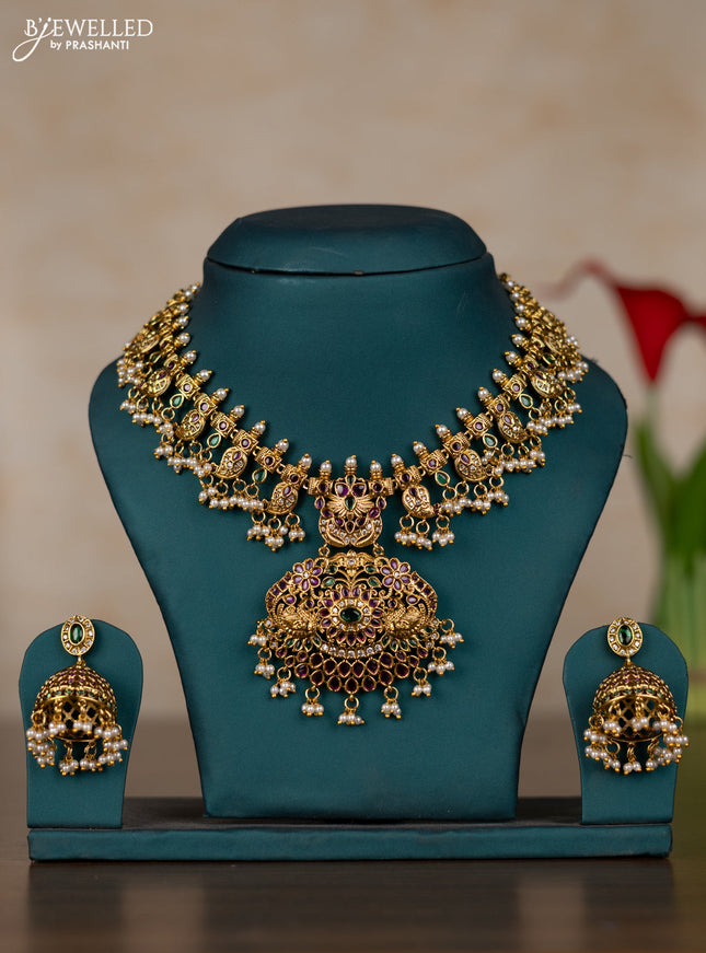 Antique guttapusalu necklace manga pattern with kemp & cz stones and pearl hangings