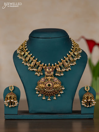 Antique guttapusalu necklace manga pattern with kemp & cz stones and pearl hangings