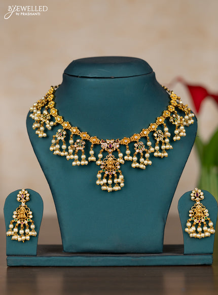 Antique guttapusalu necklace lakshmi design with kemp & cz stones and pearl hangings