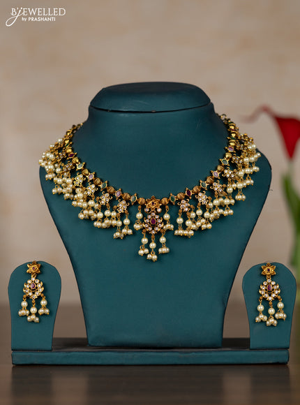 Antique guttapusalu necklace floral design with kemp & cz stones and pearl hangings