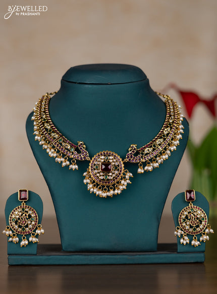 Antique guttapusalu necklace with kemp & cz stones and pearl hangings