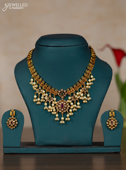 Antique guttapusalu necklace with kemp & cz stones and pearl hangings