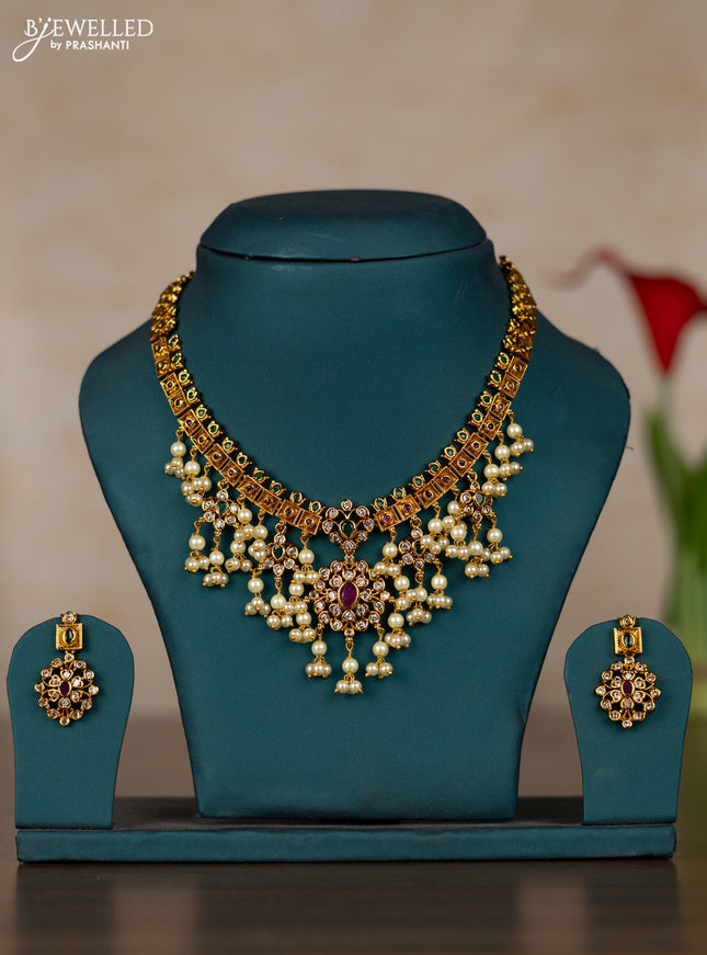 Antique guttapusalu necklace with kemp & cz stones and pearl hangings