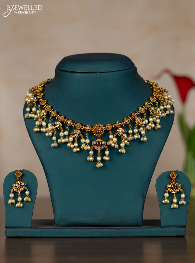 Antique guttapusalu necklace with kemp & cz stones and pearl hangings