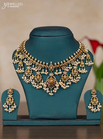Antique guttapusalu necklace lakshmi design with kemp & cz stones and pearl hangings