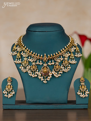 Antique guttapusalu necklace lakshmi design with kemp & cz stones and pearl hangings