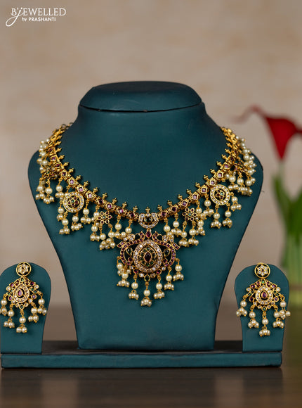 Antique guttapusalu necklace with kemp & cz stones and pearl hangings