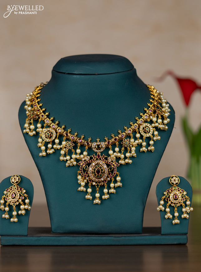 Antique guttapusalu necklace with kemp & cz stones and pearl hangings